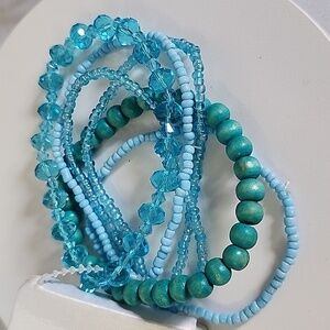 Set of 6 Light Blue Mixed Media Stretch Stack Bracelets New